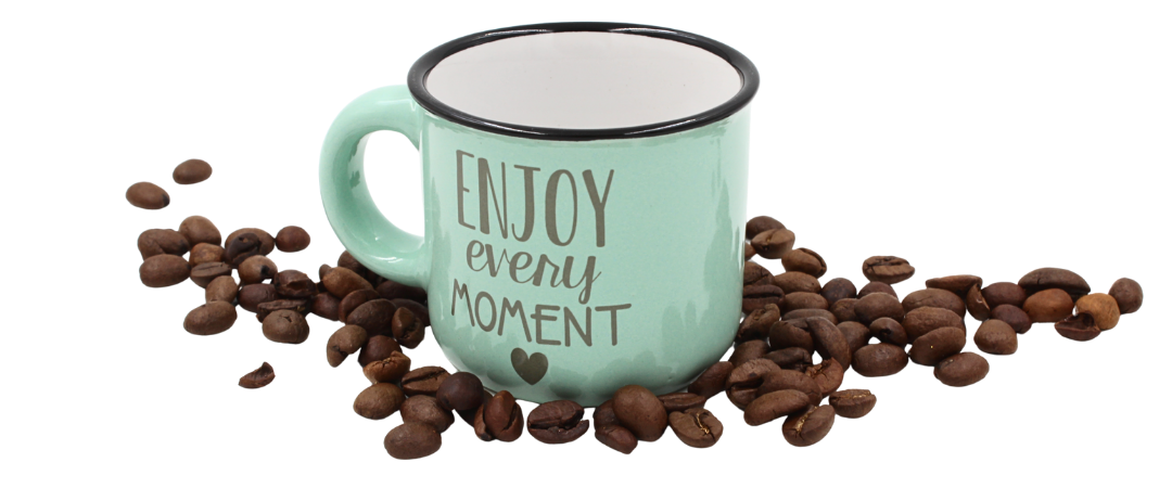 Cană cafea espresso Nekupto 80 ml, ceramică, verde, mesajul „Enjoy every moment”